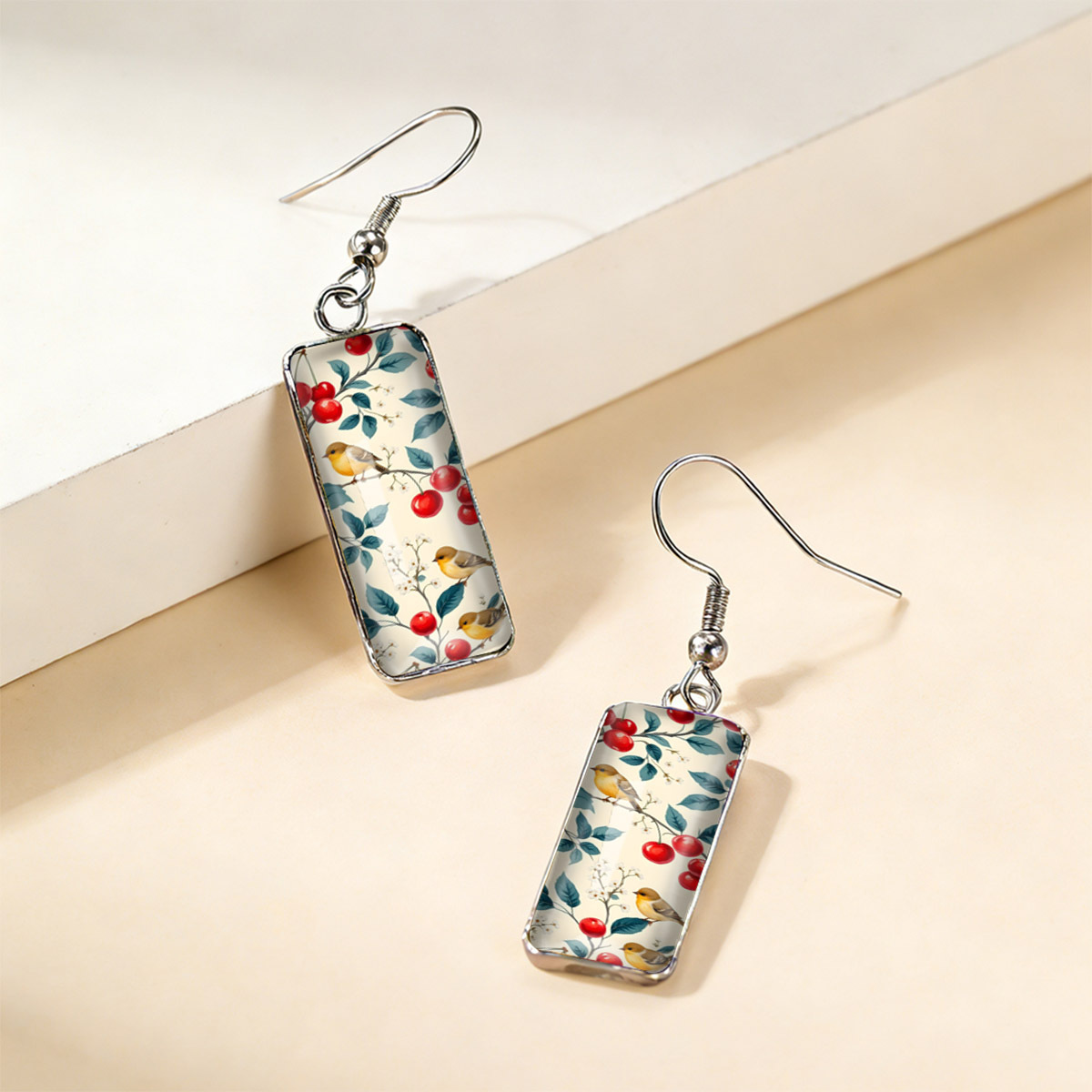 Fresh Cherry Branch & Yellow Bird Print Rectangular Earrings